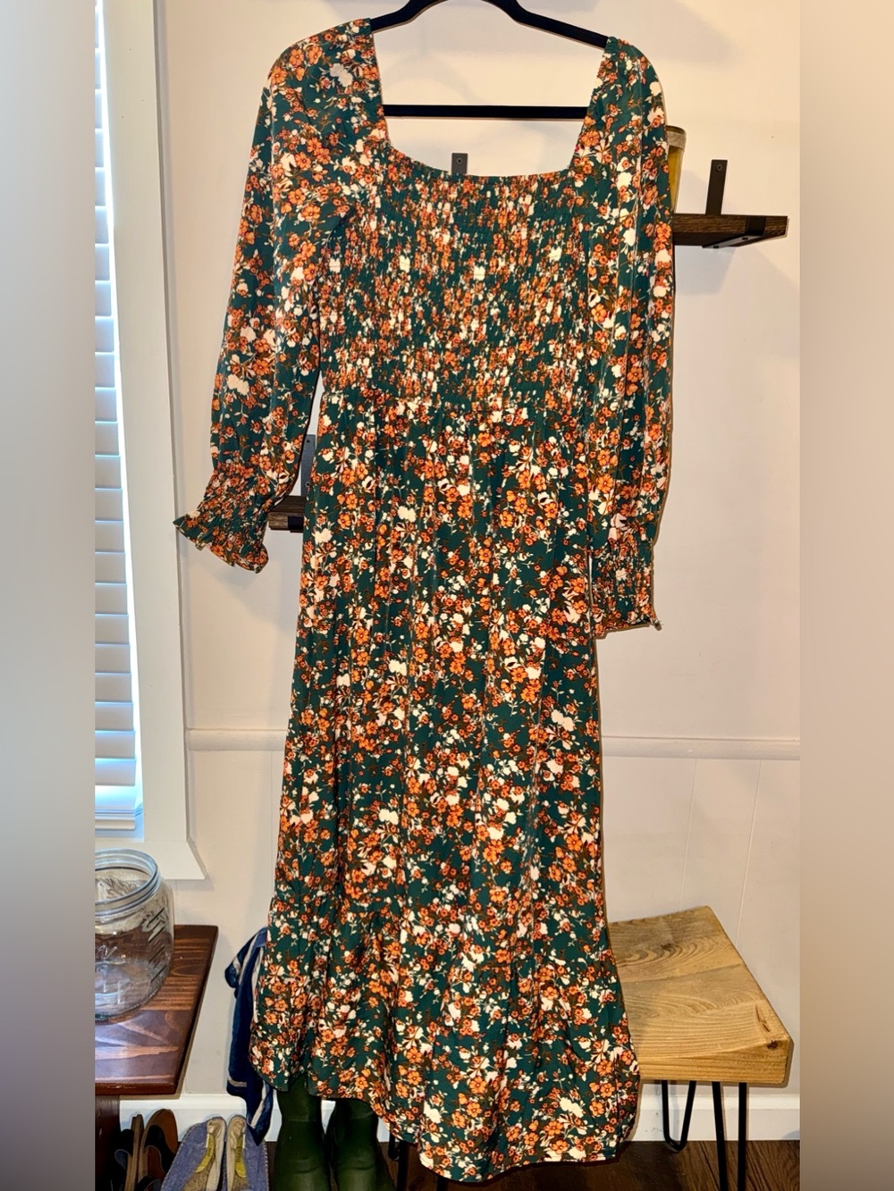 Floral Smocked Maxi Dress in Green and Orange Size Large